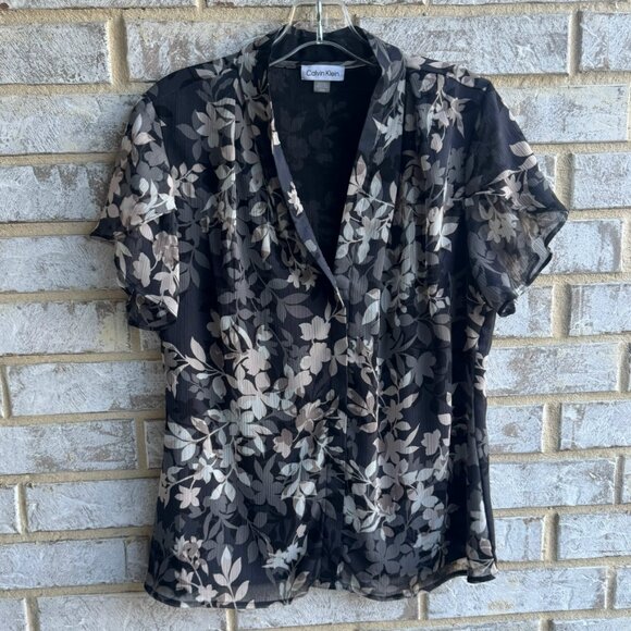 Calvin Klein Flutter Short Sleeve V-Neck Floral Blouse Women's Size L - Picture 1 of 7
